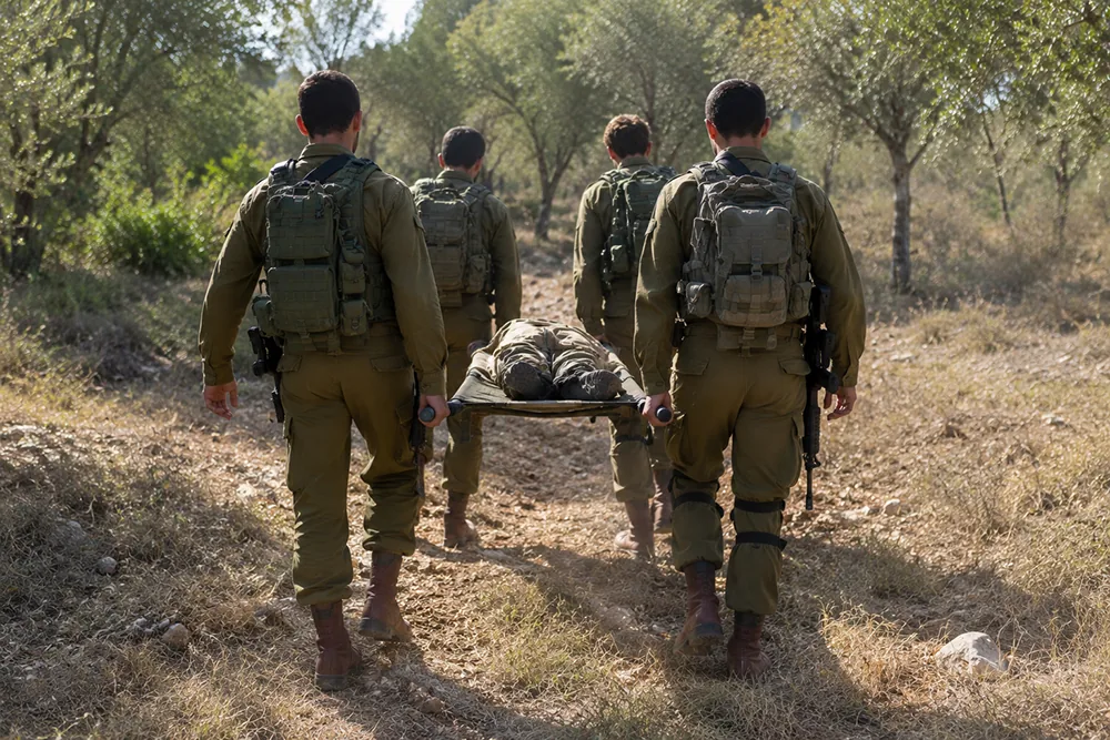 לוחמים נושאים אלונקה בשדה